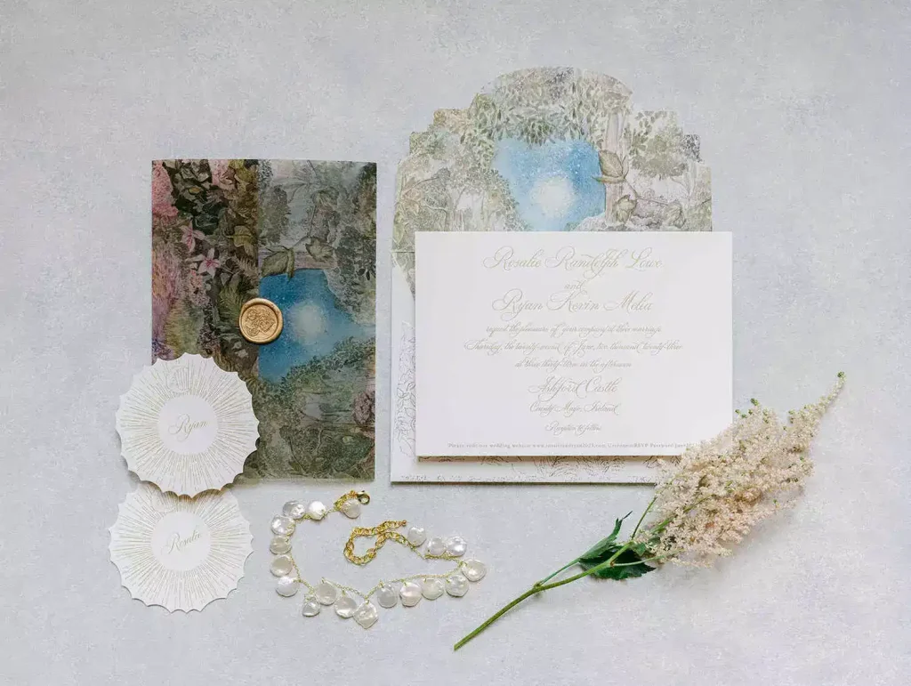 Destination wedding at Ashford Castle, County Mayo — stationery suite flatlay styled with floral accents and a shell necklace as decorative elements within a refined wedding detail composition.