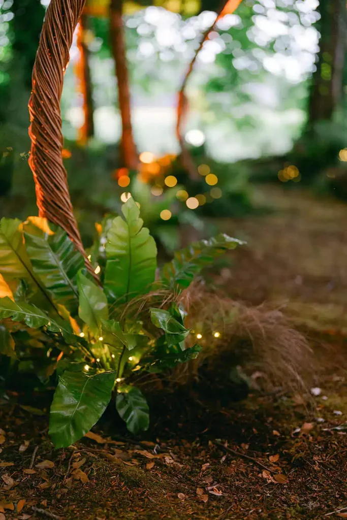 Destination wedding at Ashford Castle, County Mayo — close-up detail of lush greenery at the base of a custom willow arch within a forest setting.