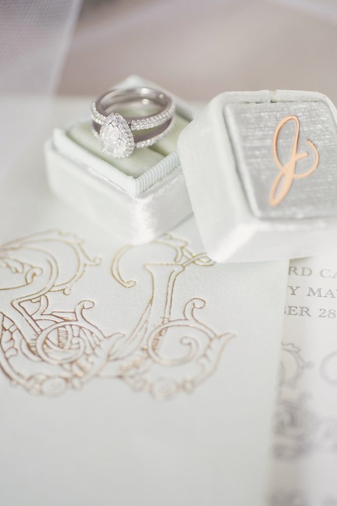 Destination wedding in Ireland at Ashford Castle, County Mayo — bride’s wedding ring in a ring box placed on a stationery suite in a styled detail photograph.