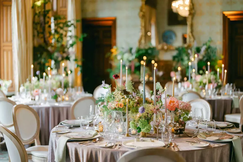 Irish destination wedding at Ashford Castle, County Mayo — candlelit dining experience with a circular wedding table dressed with floral arrangements and candles.
